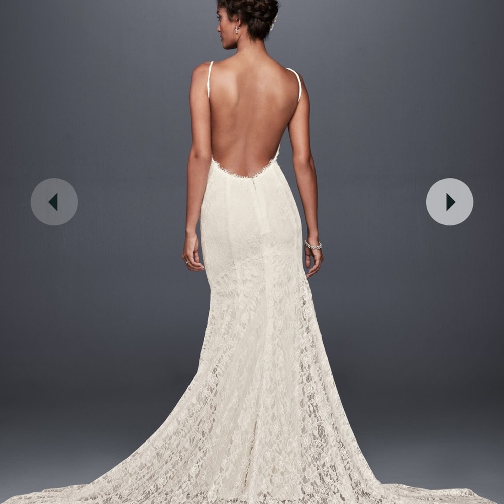 David's Bridal Ivory Lace Spaghetti Strap Fit-and-Flare Wedding Dress - Picture 2 of 6